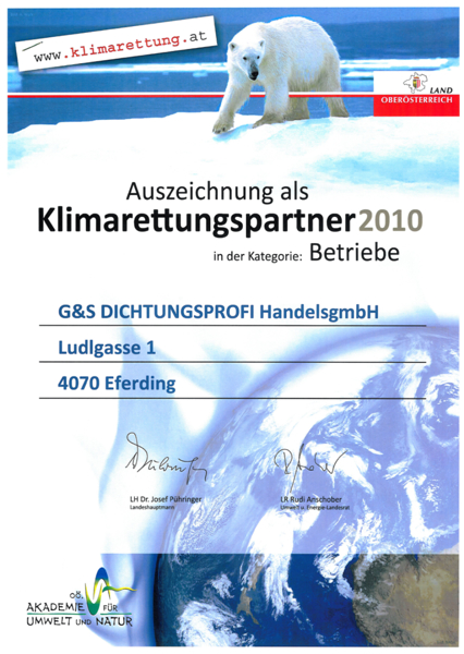 Auszeichnung Klimarettungspartner des Landes Oberösterreich im Jahr 2010